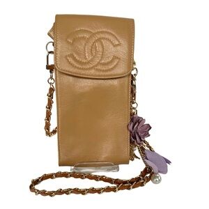 💯 CHA. NEL CC Beige Lambskin Leather Pouch on Chain w/ auth cert